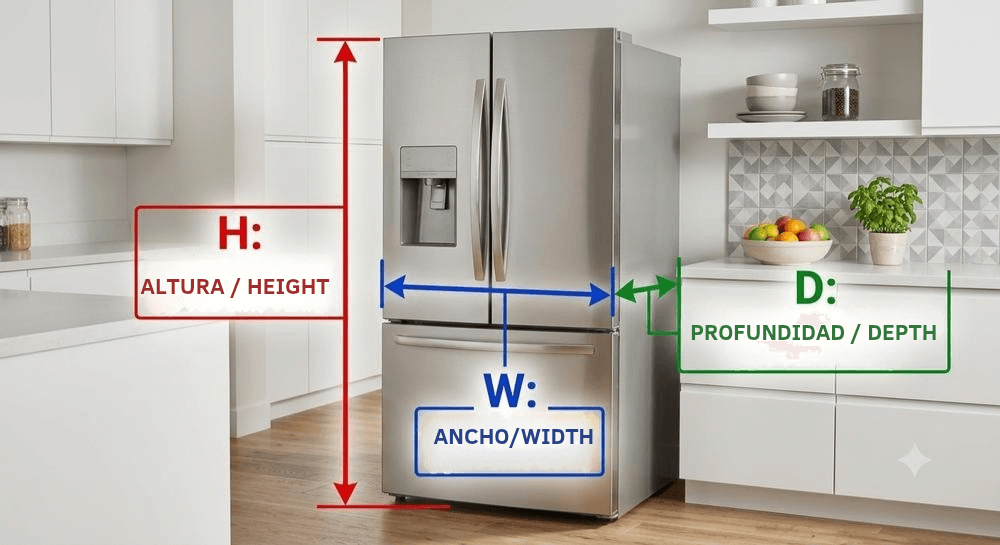 Diagrama de dimensiones: H = Altura, W = Ancho, D = Profundidad