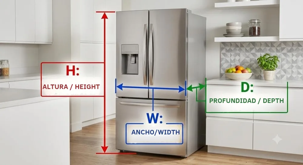 Dimensions diagram: H = Height, W = Width, D = Depth
