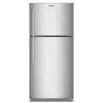 Stainless steel top-freezer refrigerator.