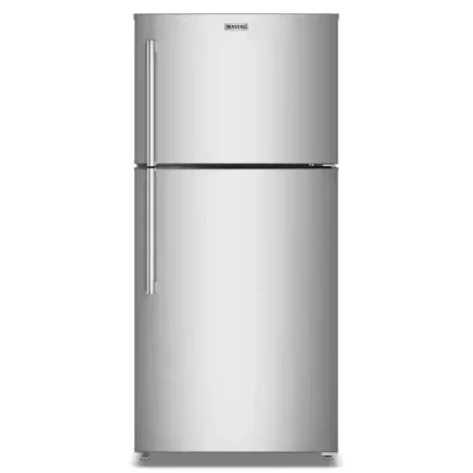 Stainless steel top-freezer refrigerator.
